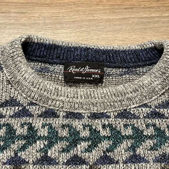 Men's VTG Reed St James Knit Sweater 2XL Gray USA Made Geometric Retro Grandpa - Picture 4 of 7